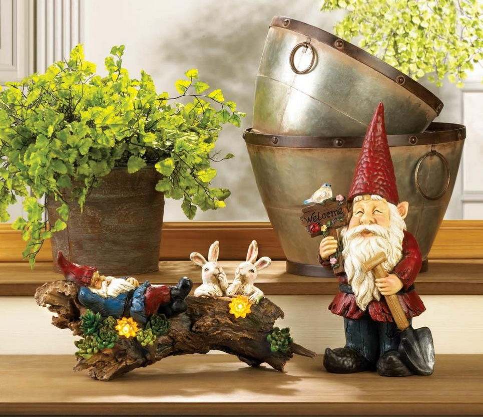 Sleeping Gnome Bunnies Solar Powered Outdoor Garden Yard Statues