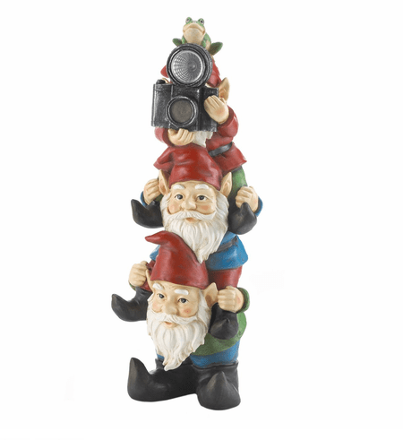 Stacked Gnomes with Camera Solar Powered Outdoor Garden Yard Statue