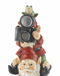 Stacked Gnomes with Camera Solar Powered Outdoor Garden Yard Statue