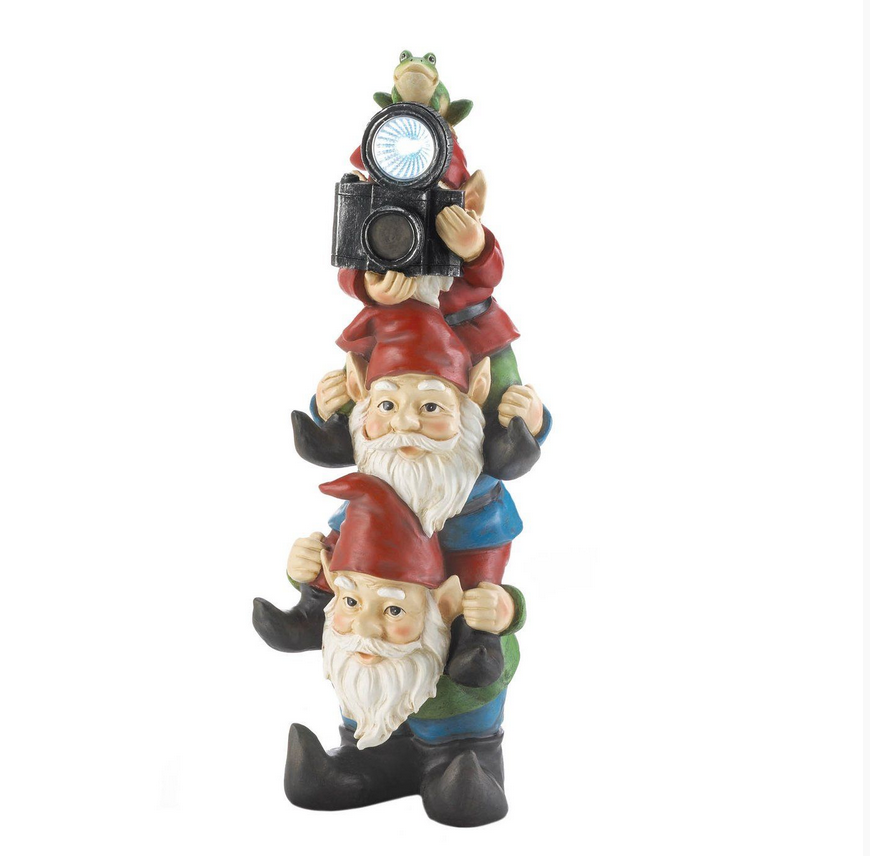 Stacked Gnomes with Camera Solar Powered Outdoor Garden Yard Statue